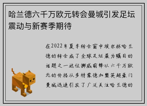 哈兰德六千万欧元转会曼城引发足坛震动与新赛季期待