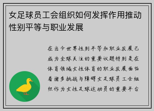 女足球员工会组织如何发挥作用推动性别平等与职业发展
